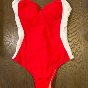 Red White Lace Up One Piece Swimsuit Women's Size L